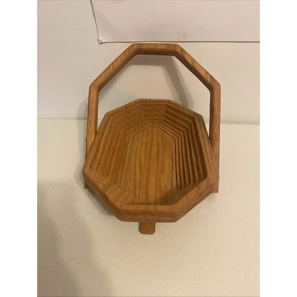 Vintage 90s Collapsible Octagon Spiral Wood Fruits Basket Decor w/Handle 12x8”